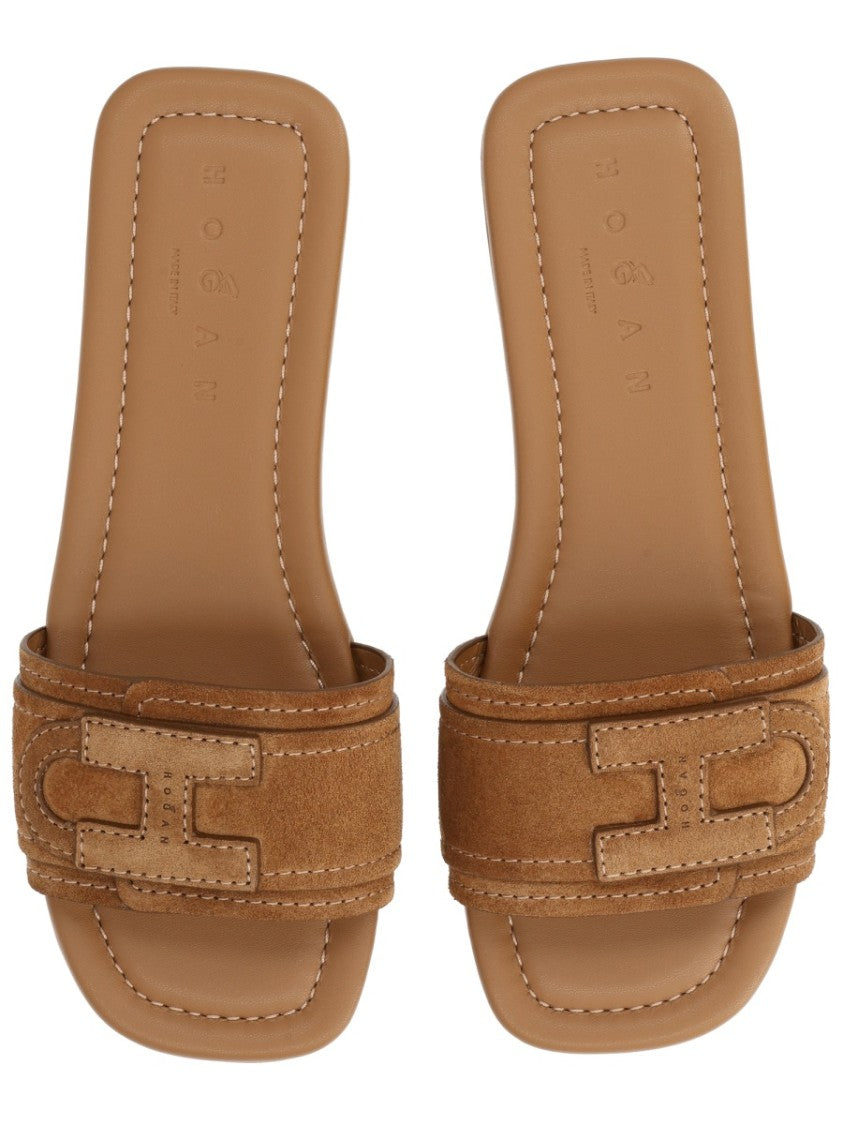 Hogan Flat Calf Leather Stitched Logo Sandals