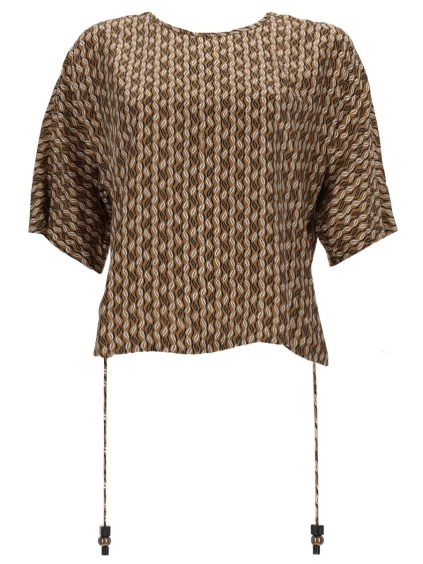Max Mara Short-Sleeve Wave Print Silk Blouse