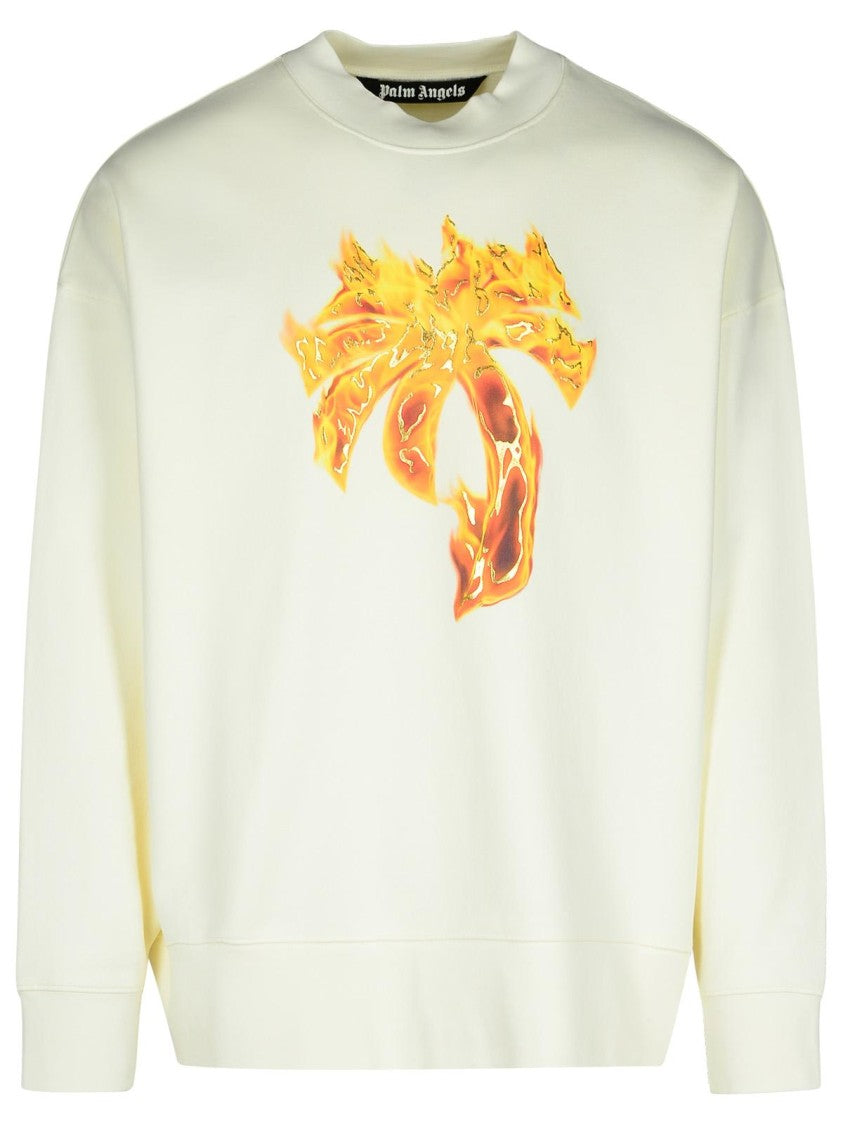 Palm Angels Burning Palm' Cream Cotton Sweatshirt