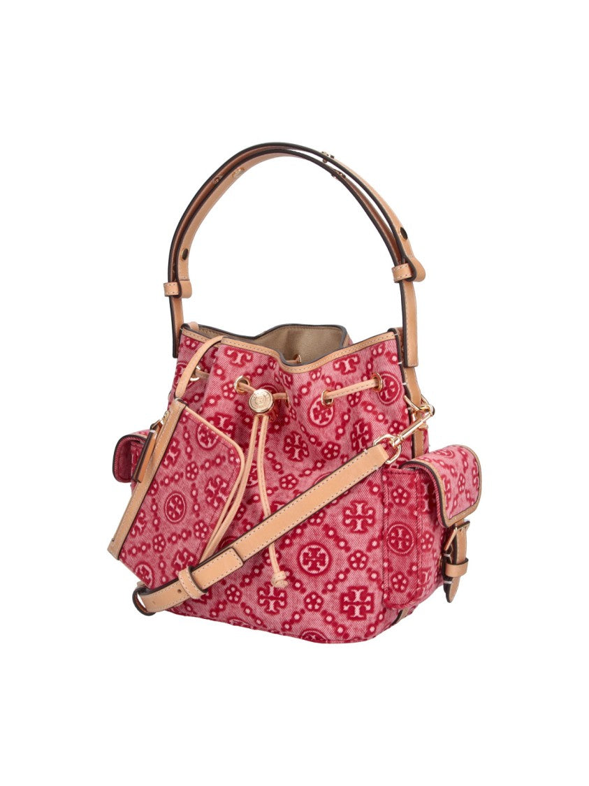 Tory Burch Red T Monogram Denim Bucket Bag