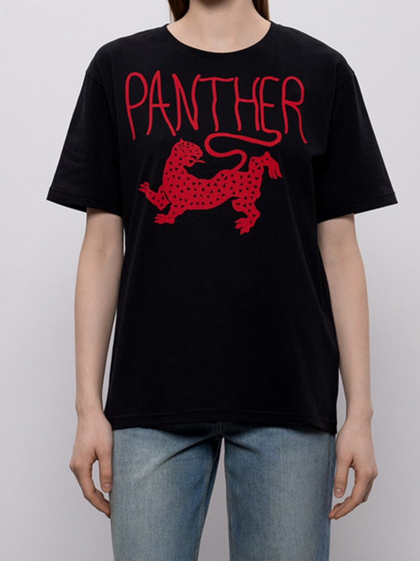 Valentino Black Short-Sleeved Red Panther Graphic T-Shirt