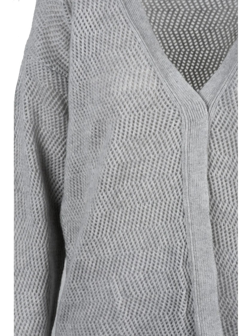 Le Tricot Perugia Light Grey Classic V-Neck Wool-Silk-Cashmere Cardigan