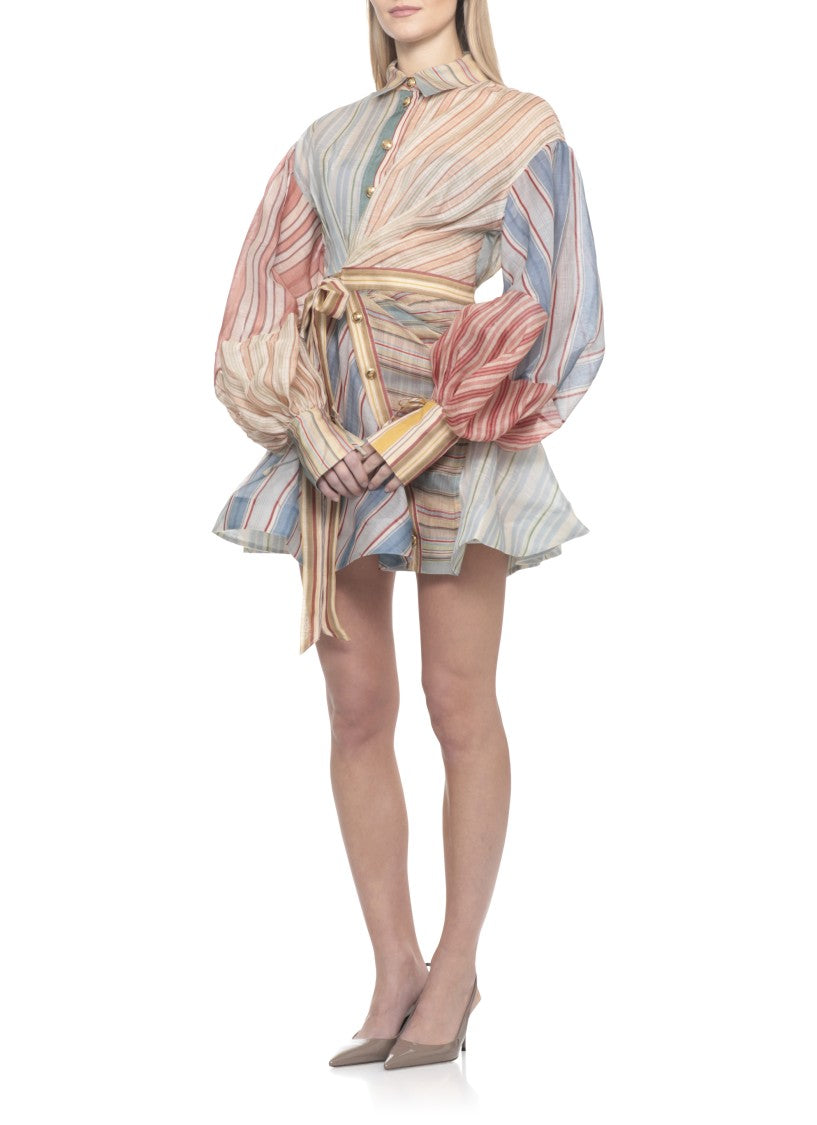 Zimmermann Multicolor Striped Linen And Silk Mini Dress With Belted Waist