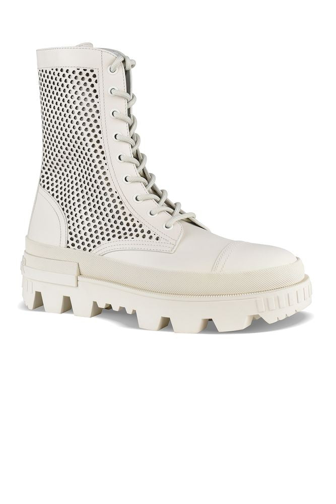 Moncler Beige Leather Perforated Ankle Boots With Lace-Up Design