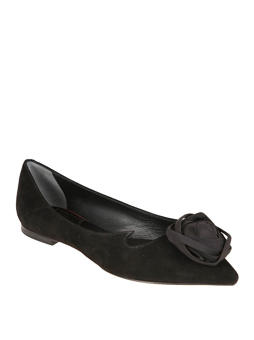 Roger Vivier Pointed Toe Flats With Sculptural Flower Embellishment