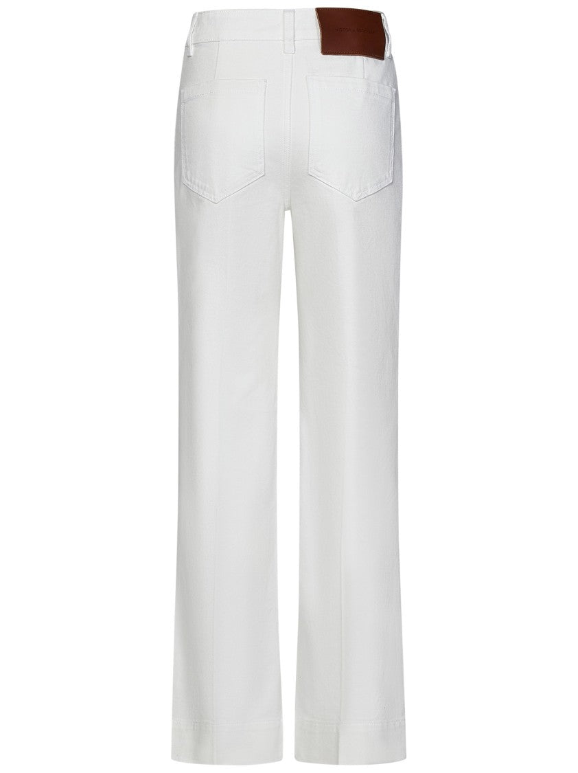 Victoria Beckham High-Waisted Flared White Jeans With Red Logo Embroidery