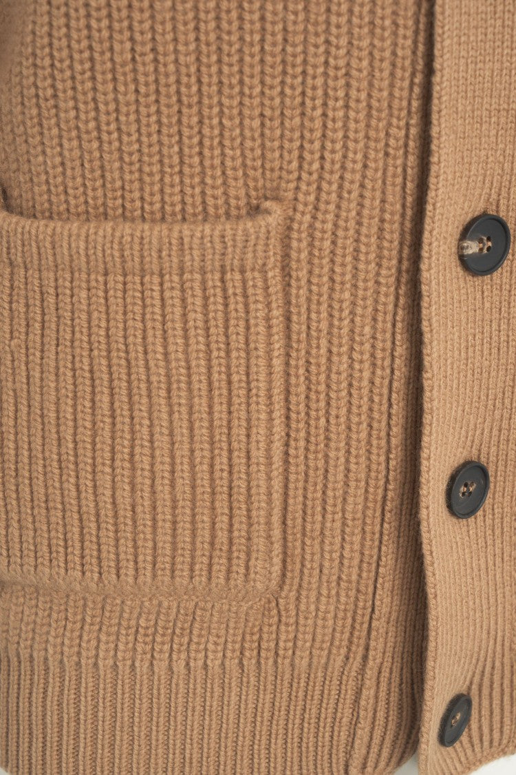Gender Beige Ribbed Knit Cardigan With Hood And Button Closure