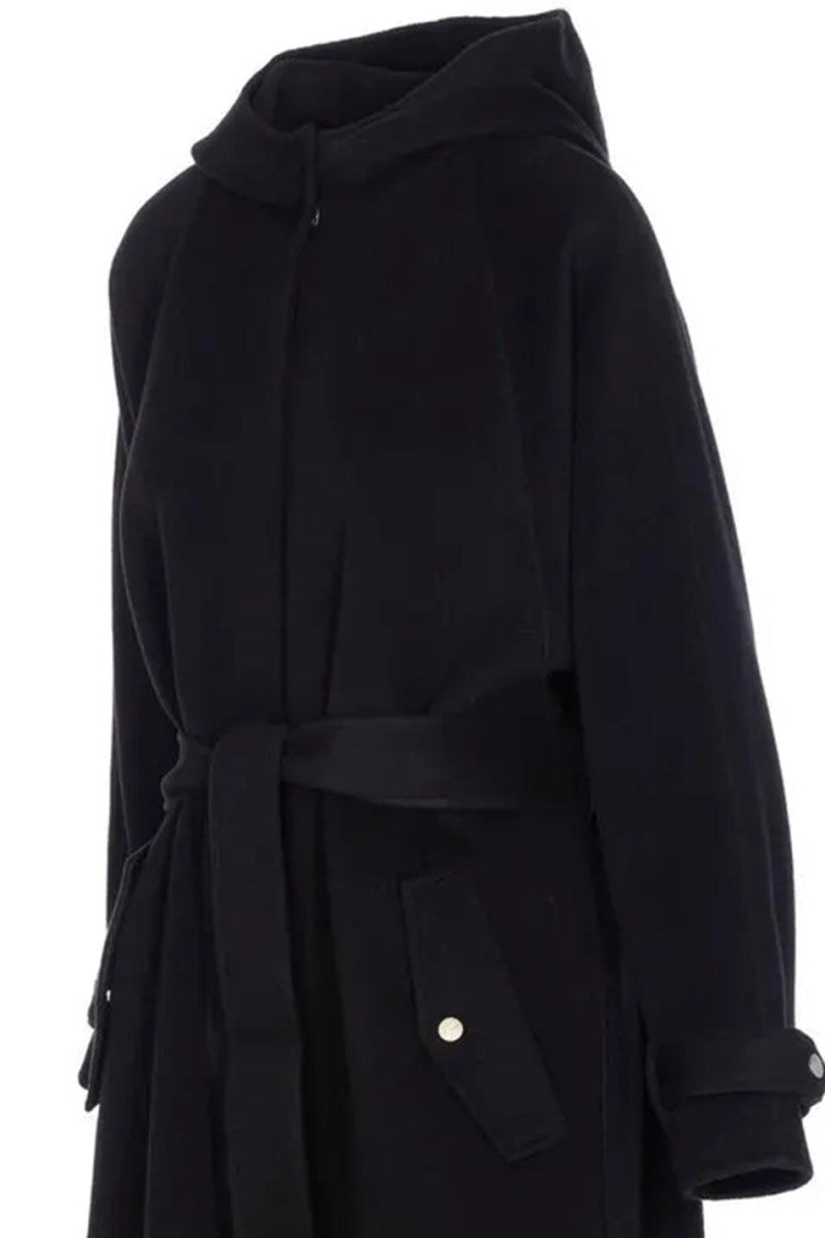 Pinko Black Hooded Raglan Knotted Belt Wool-Blend Coat