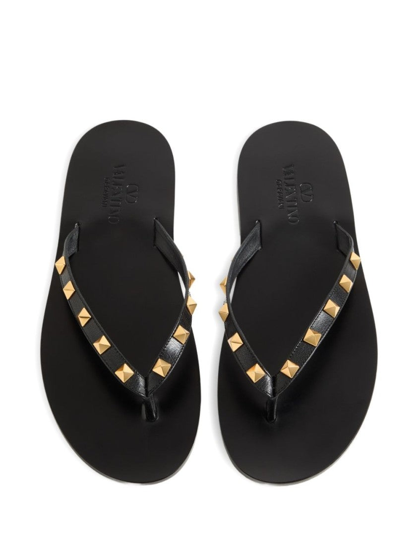 Valentino Garavani Gold Rockstud Goatskin Flip-Flops Sandals