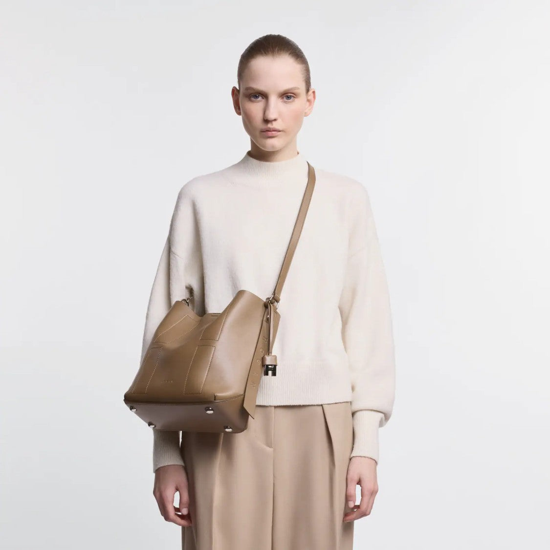 Hogan Compact Hobo Bag In Natural Beige Leather