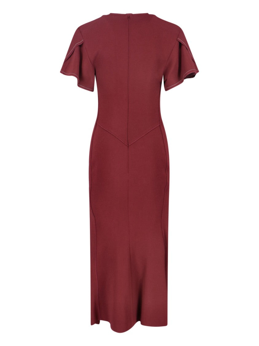Victoria Beckham V-Neck Draped Midi Dress With Contrast Stitching