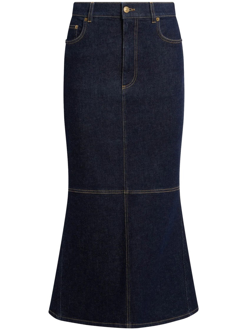 Moschino Blue Fitted Denim Midi Skirt With Hearts