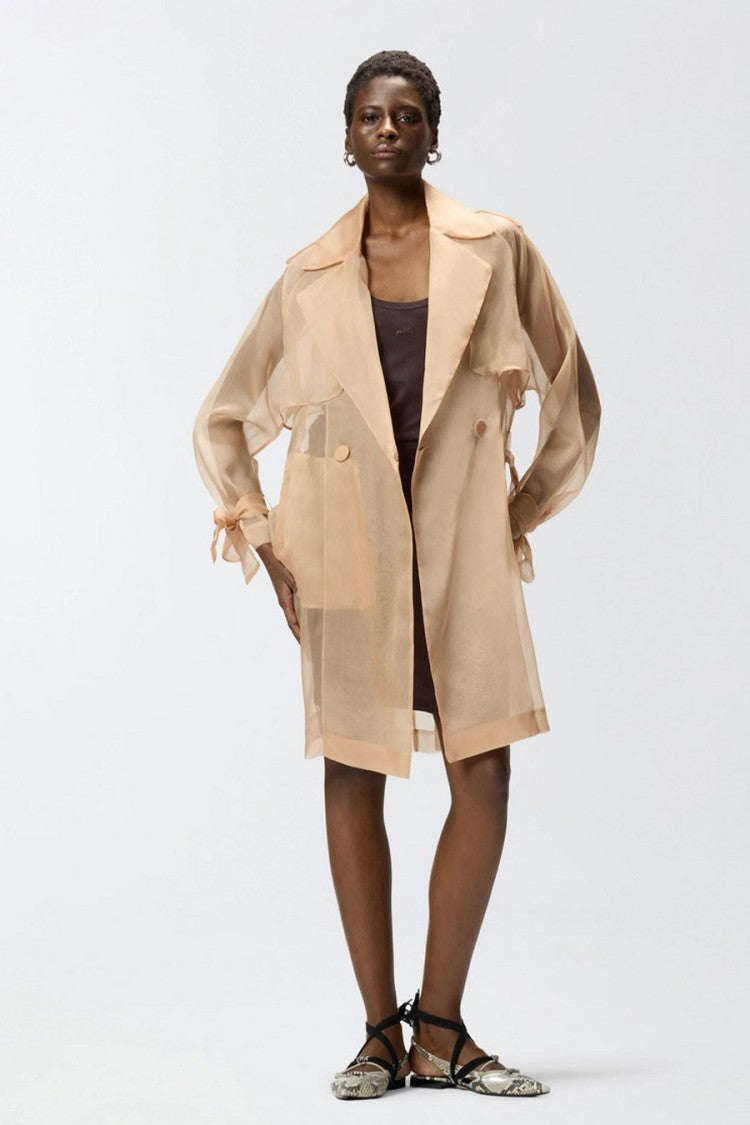 Pinko Beige Sheer Double-Breasted Self-Tie Belt Silk Trench Coat