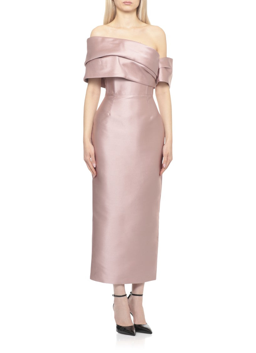 Solace London Midaxi Dress With Off-Shoulder Design And Rear Vent