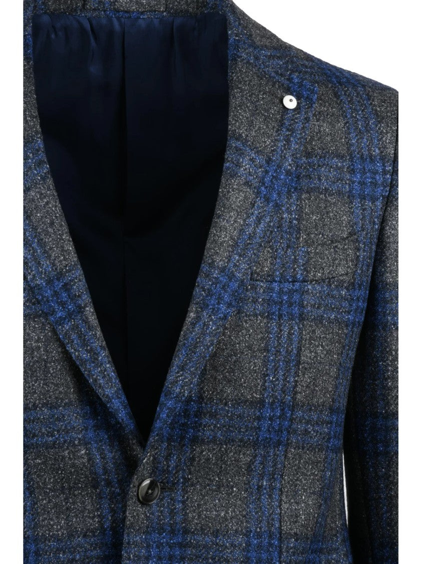 L.B.M. 1911 Textured Wool Silk Linen Blend Jacket With Checkered Pattern