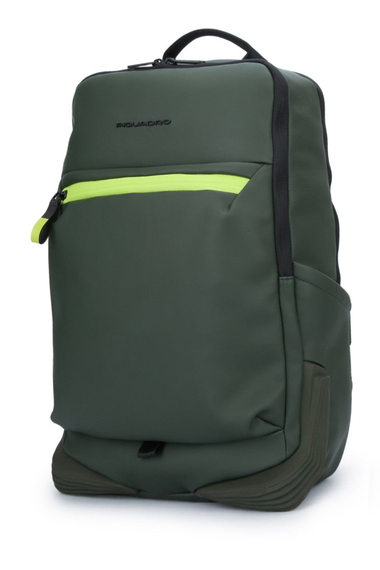 Piquadro Structured Green Backpack With Front Zip Pocket