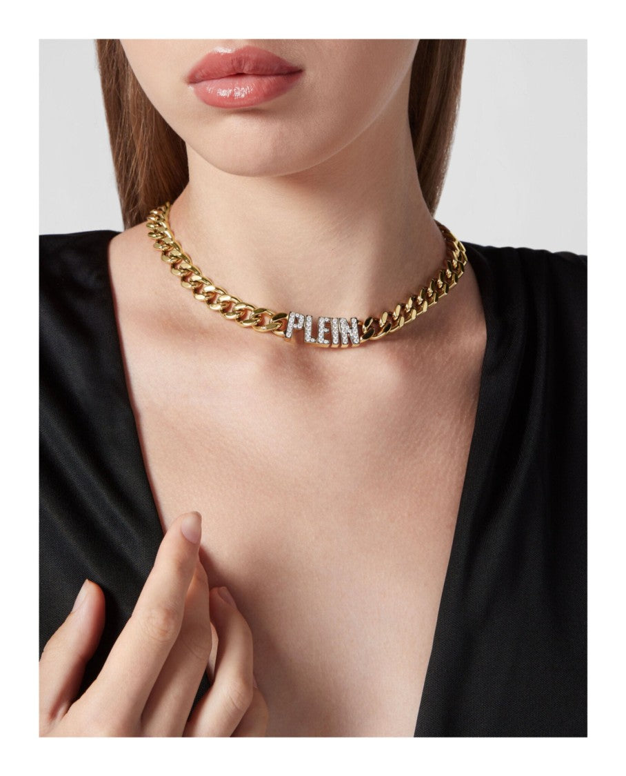 Philipp Plein Gold Chain Necklace With Crystals And Nameplate