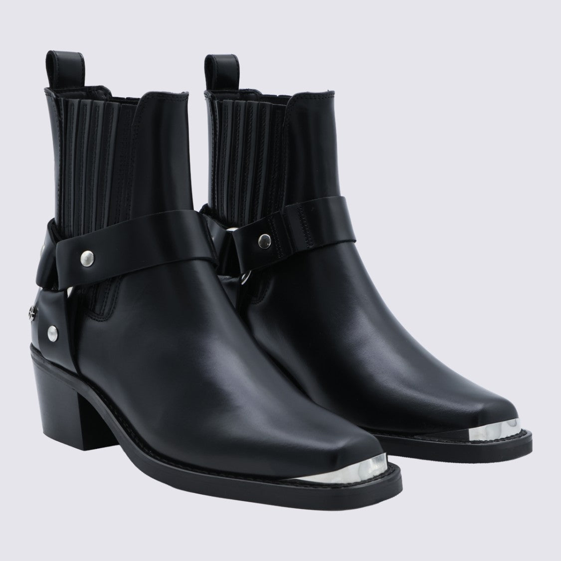 Anine Bing Pointed Toe Black Leather Ankle Boots With Harness Strap