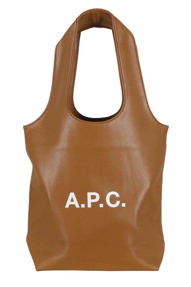 A.P.C. Camel Tote Ninon Small White Logo Polyurethane Tote Bag