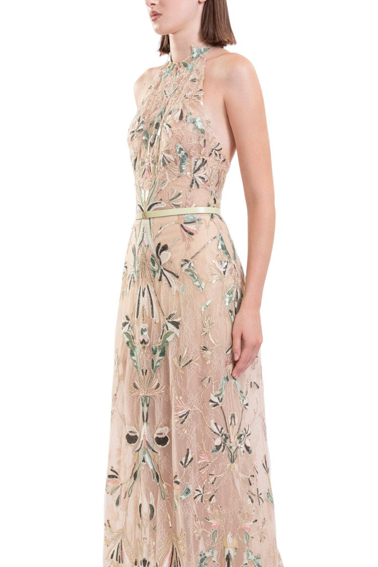 Saiid Kobeisy Halter-Neck Lace Dress With Intricate Dandelion Embroidery
