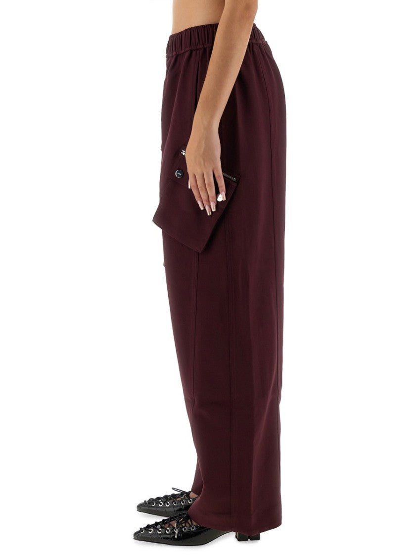 Ganni Wide-Leg Twill Pants With Flap Pockets And Elastic Waistband
