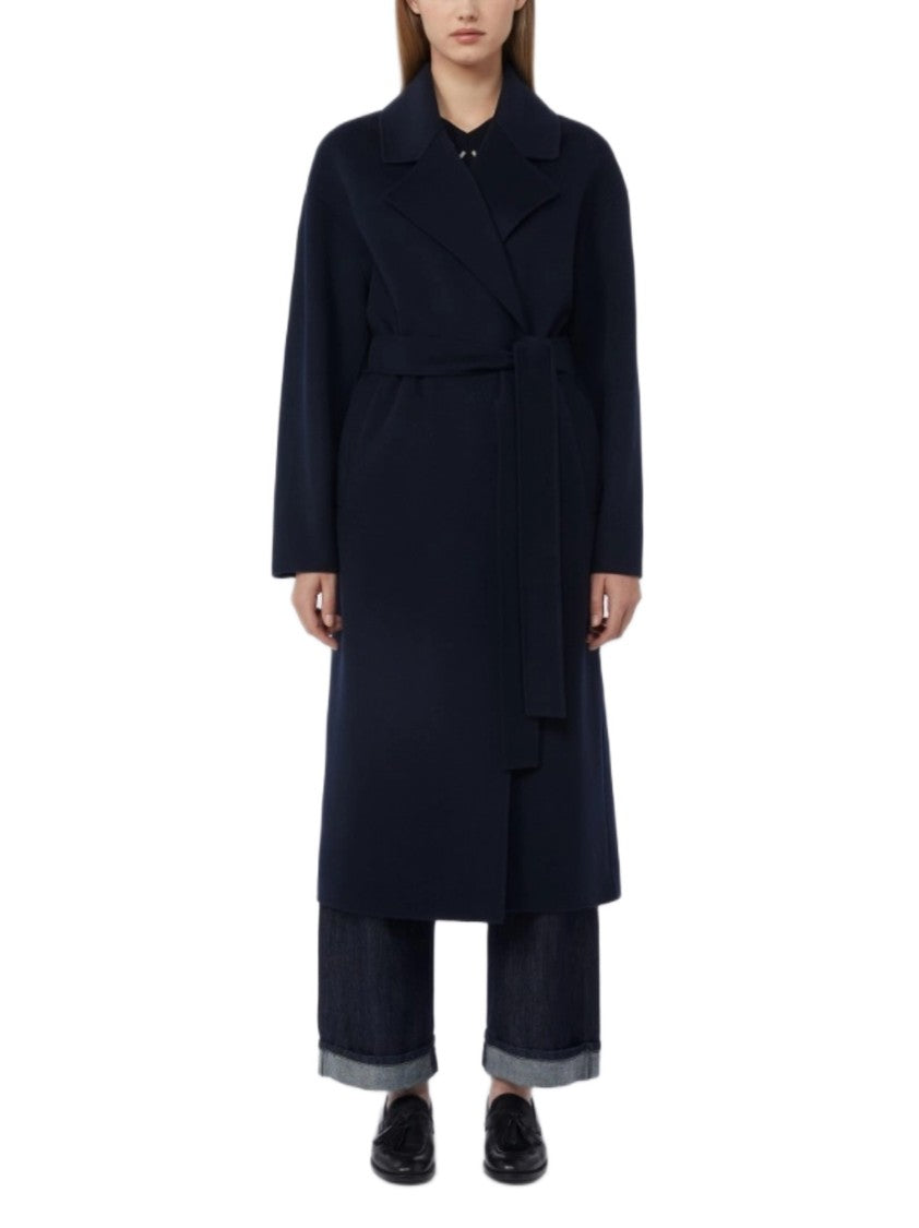 Max Mara Long Navy Blue Coat With Wide Lapel
