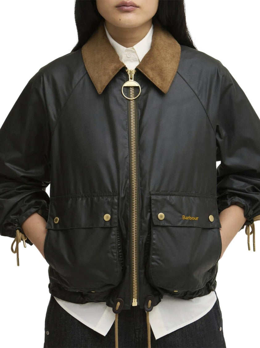 Barbour Cropped Black Waxed Jacket With Suede Collar