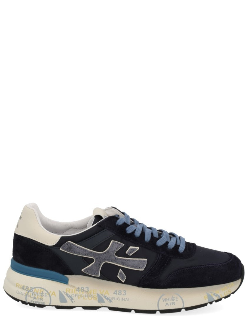 Premiata Dark Base Sneakers With Light Blue Laces And Cream Heel Accent
