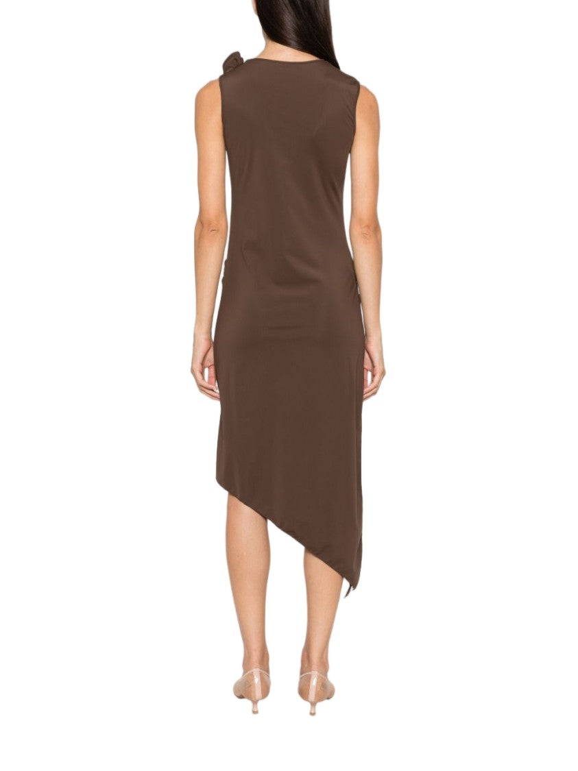 Coperni Asymmetric Brown Dress With Draped Detailing And Floral Accents