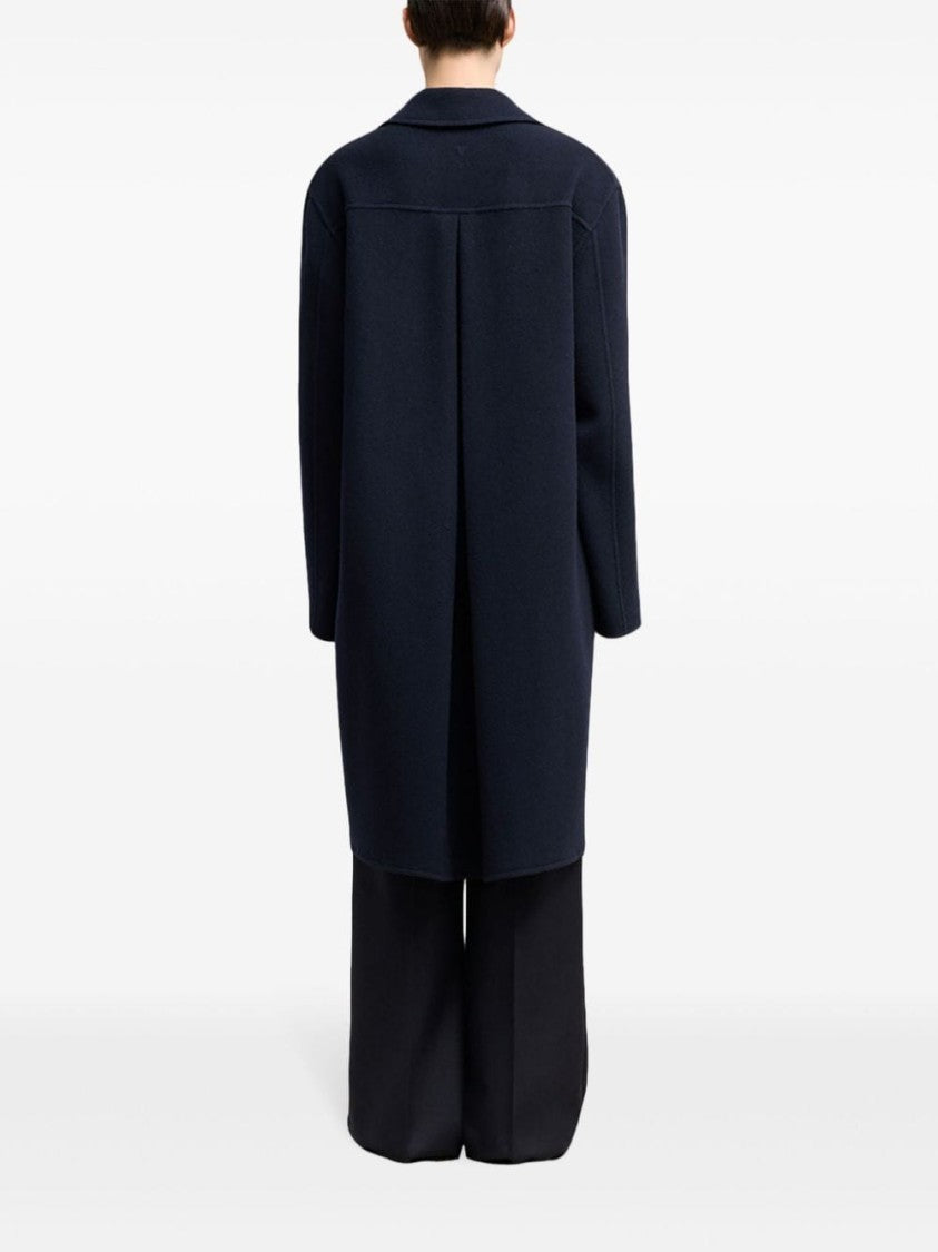 Ami Paris Navy Blue Wool-Cashmere Blend Coat