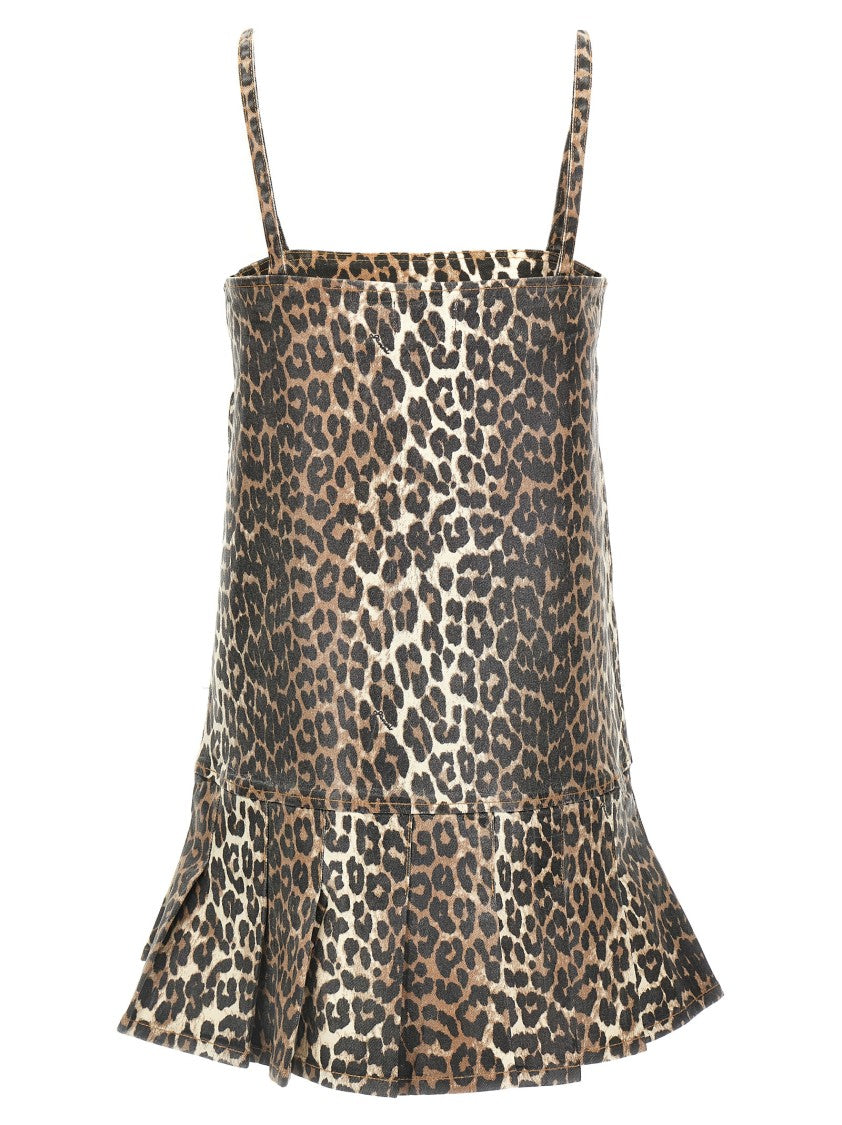 Ganni Leopard Print Denim Mini Dress