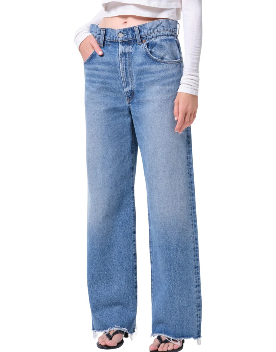 Agolde High-Rise Straight Jeans With Gathered Waistband In Medium Vintage Indigo