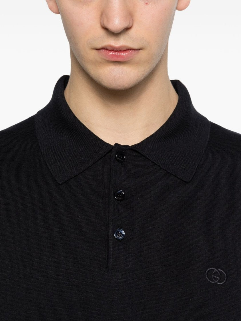 Gucci Dark Blue Silk-Cotton Interlocking G Polo Shirt