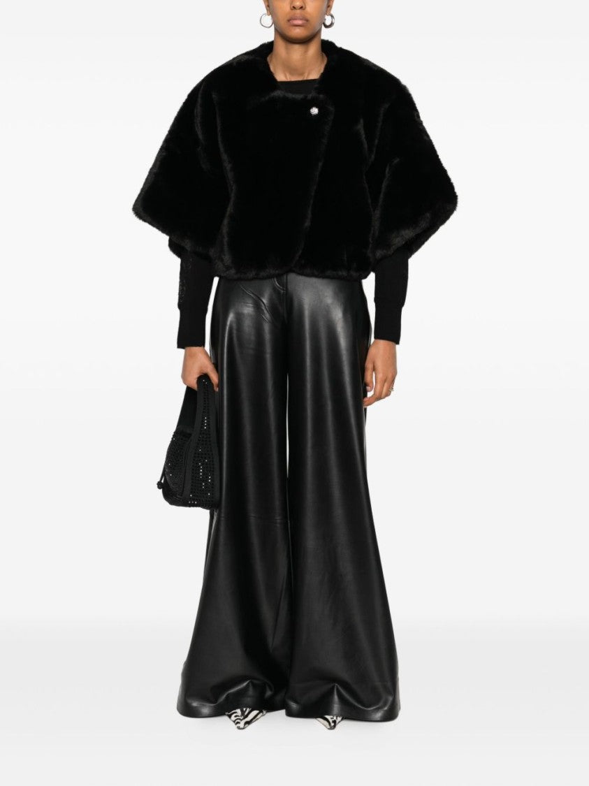 Blugirl Cropped Faux Fur Coat With Jeweled Button