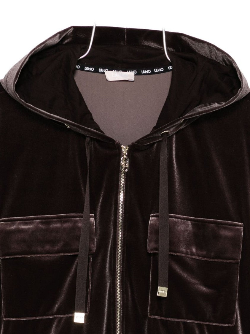 Liu Jo Cropped Velvet Hoodie With Zipper Closure