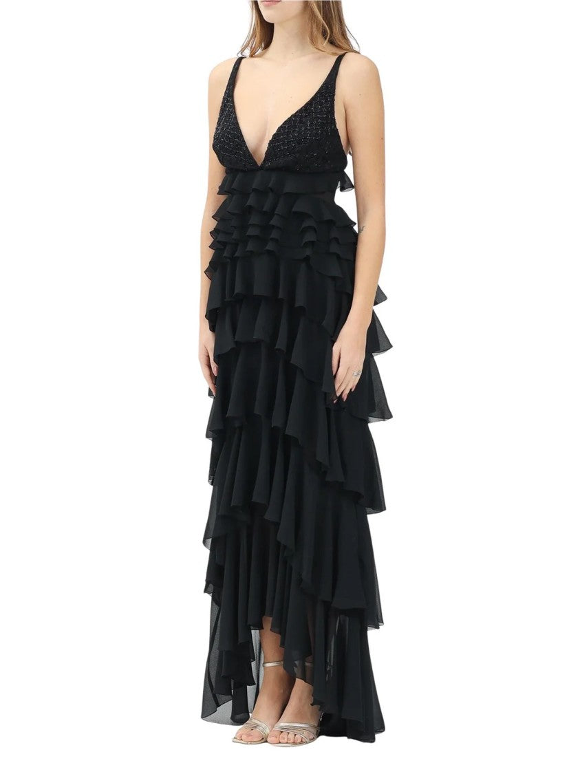 Elisabetta Franchi Black Polyester Ruffled Voile Dress