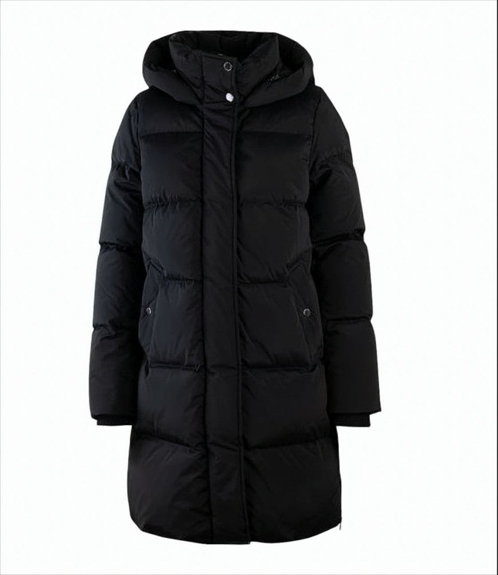 Woolrich Padded Long Black Coat With Removable Hood