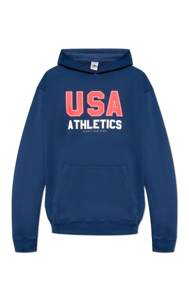 Sporty And Rich Navy Blue Hooded Sweatshirt With Usa Athletics Print