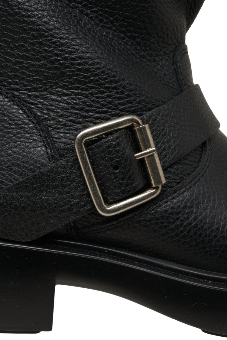 Copenaghen Textured Black Leather Biker Boots With Decorative Strap