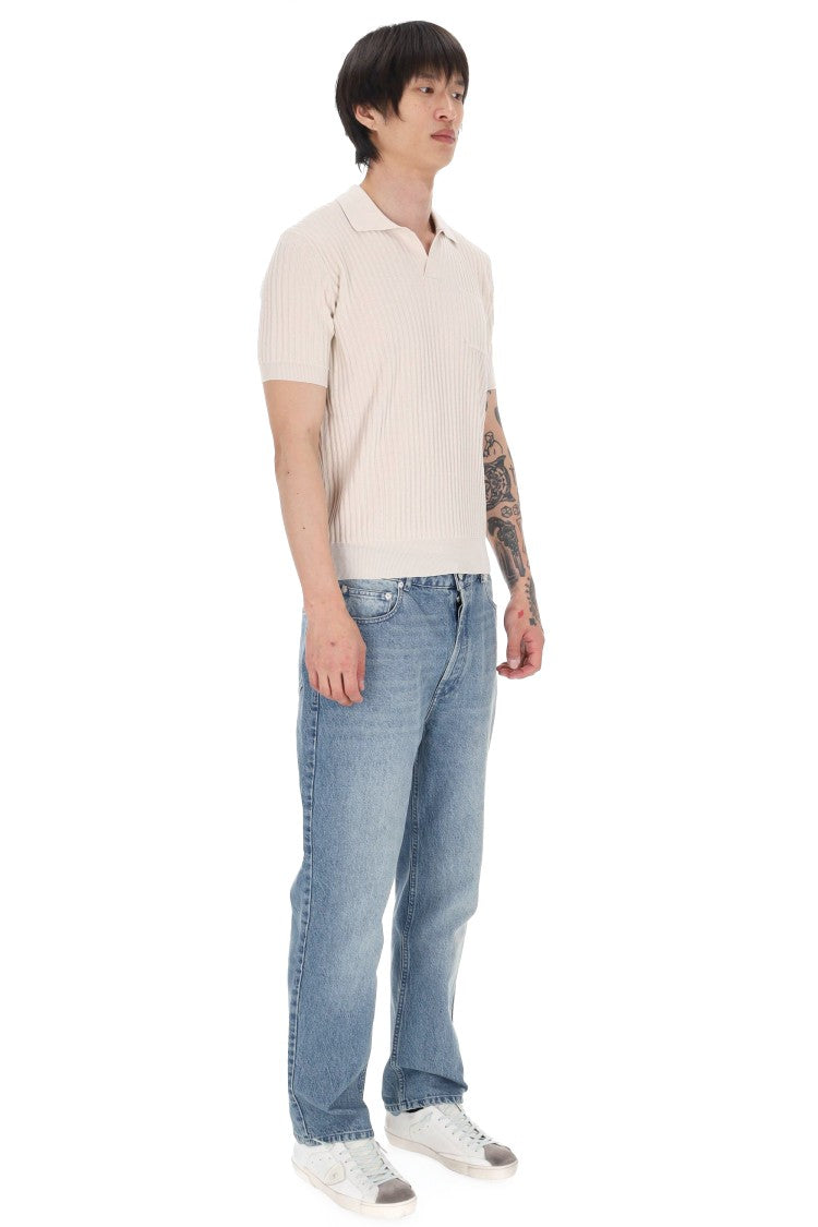 Roberto Collina Ribbed Cotton Open Collar Pocket Polo Shirt