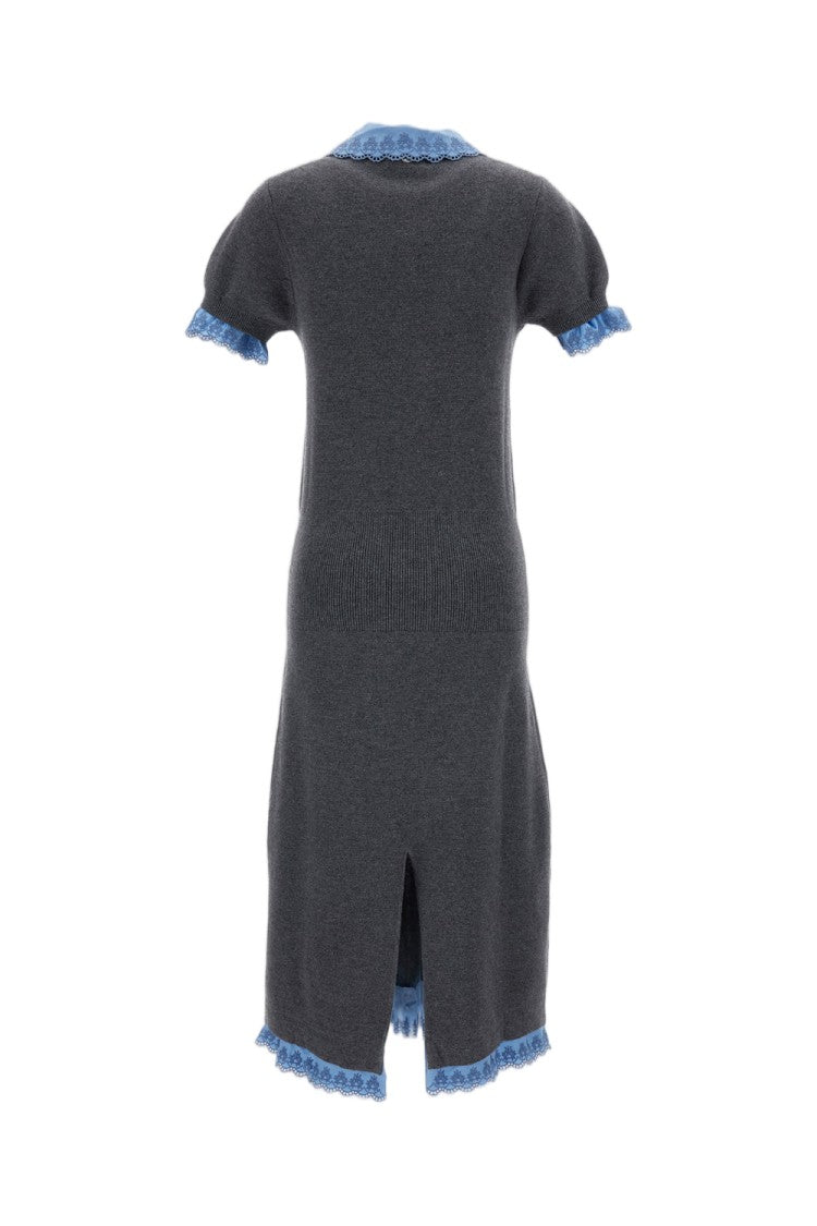 Rabanne Grey/Light Blue Embroidered Satin Wool-Cashmere Midi Dress