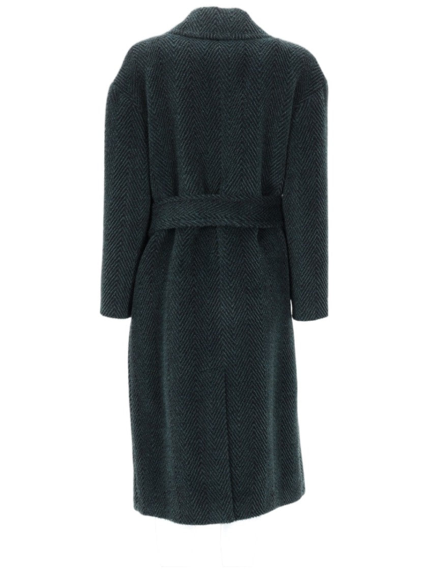 Paltò Textured Herringbone Coat With Wide Lapel And Cinched Waist