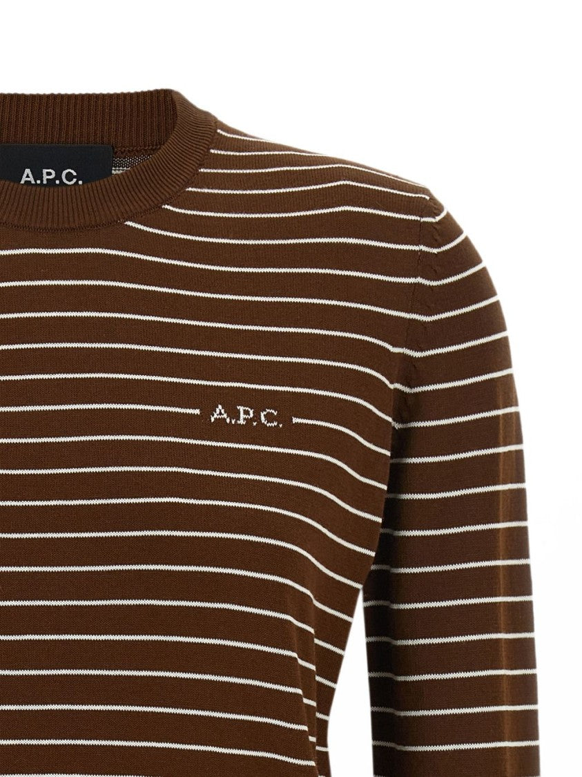 A.P.C. Brown Horizontal Striped Crew Neck Knit Sweater