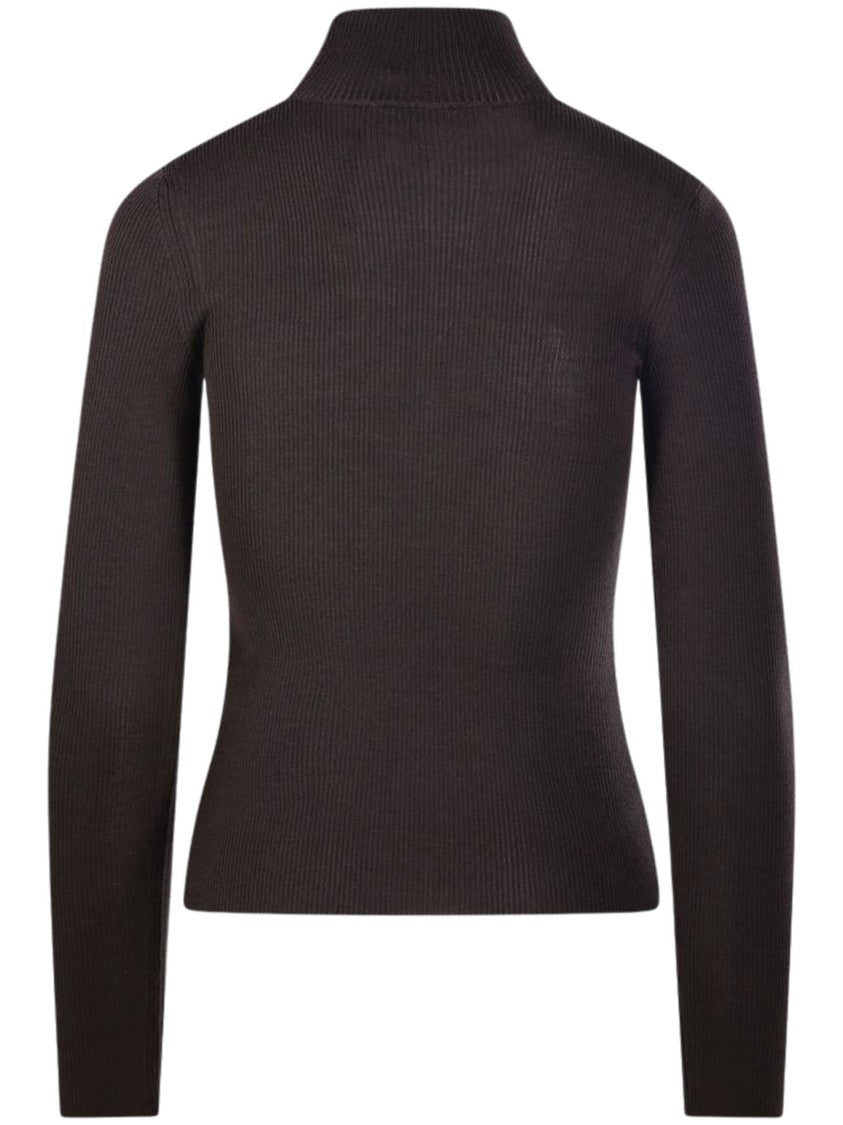 Max Mara Grey High-Neck Fitted Ribbed Knit Top