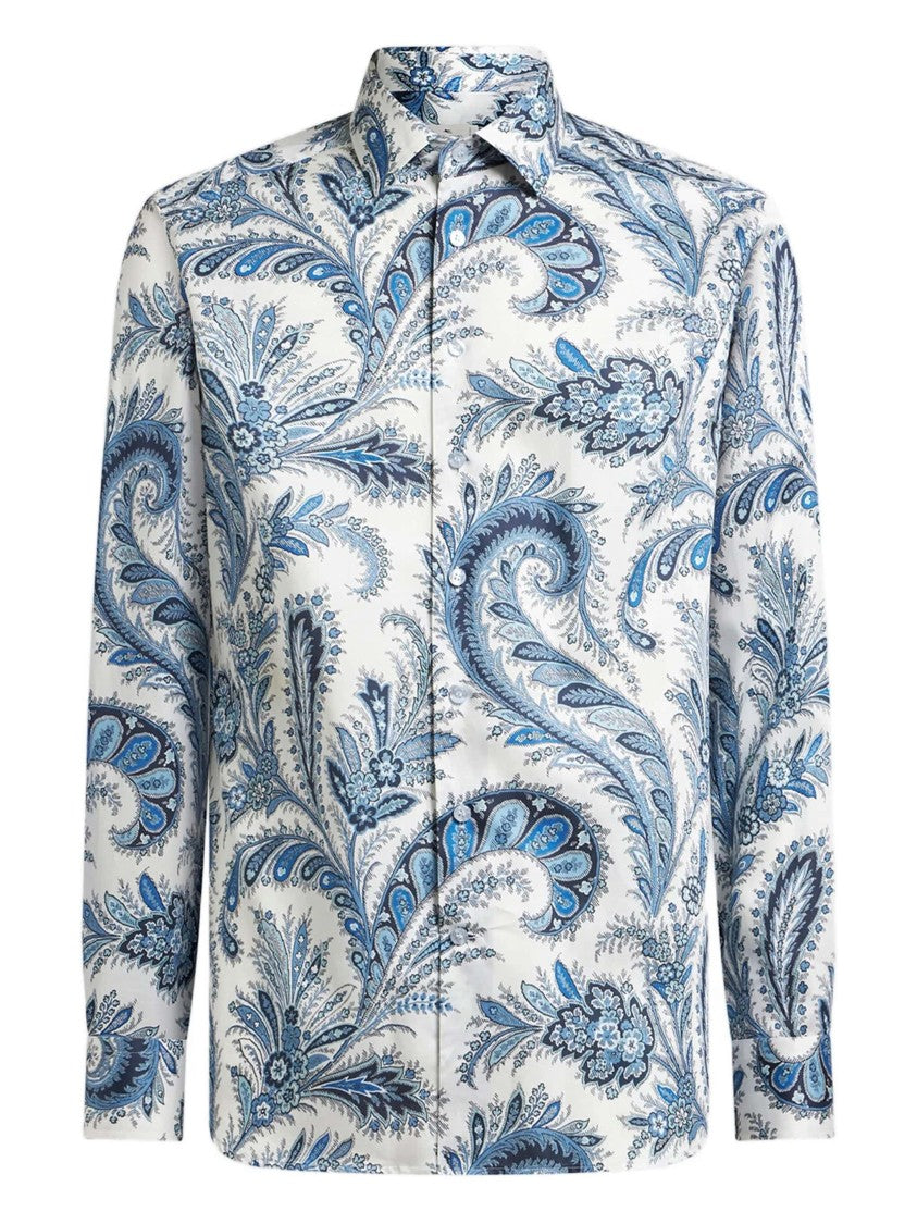 Etro Roma White Blue Paisley Cotton Shirt