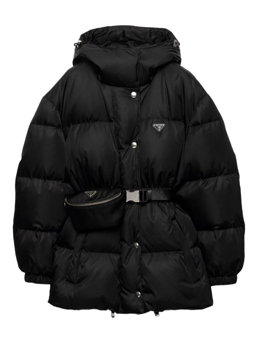 Prada Quilted Black Down Puffer Jacket With Functional Belt And Hood