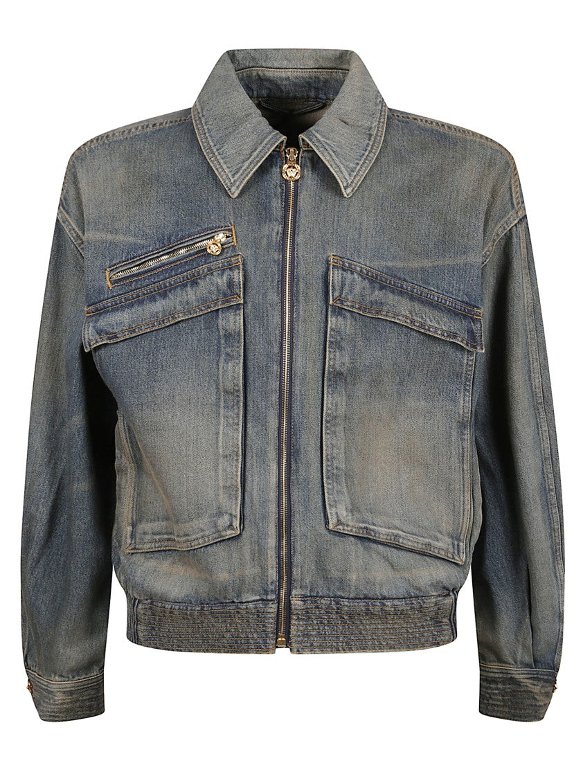 Versace Cotton Denim Bomber Jacket With Oversized Pockets