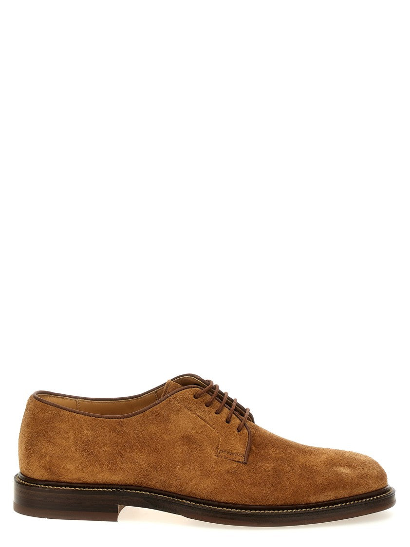 Brunello Cucinelli Brown Suede Derby Shoes With Lace-Up Design And Durable Sole