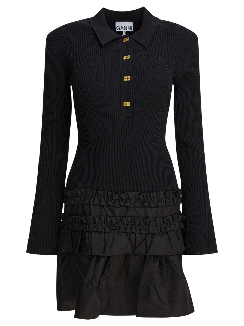 Ganni Black Flared Dress With Ribbed Details