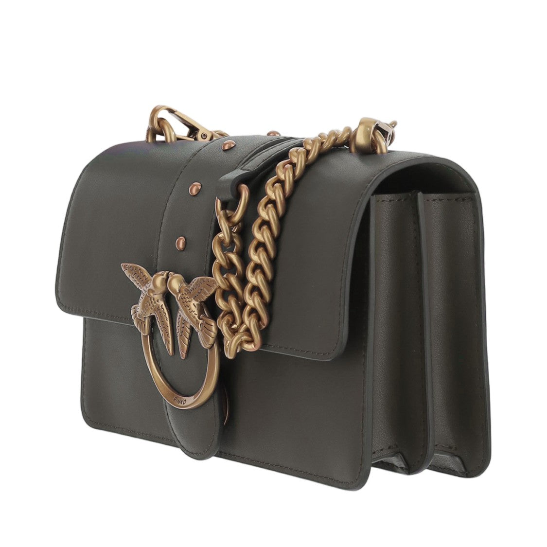 Pinko Compact Dark Olive Green Mini Bag With Love Birds Buckle